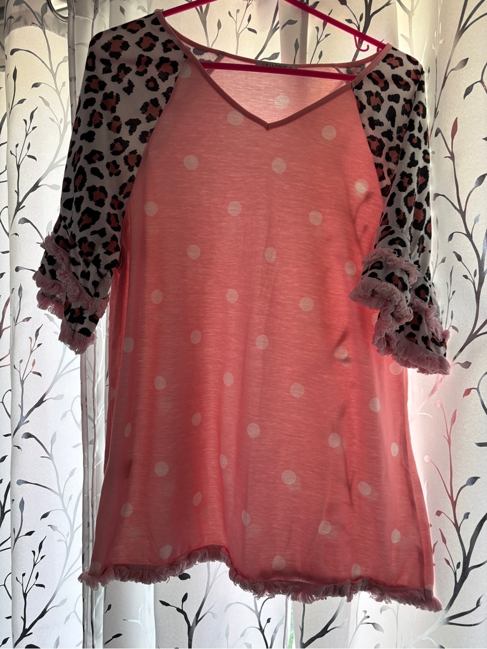 Polka Dot Pink Raglan Tunic with Leopard-Print Sleeves